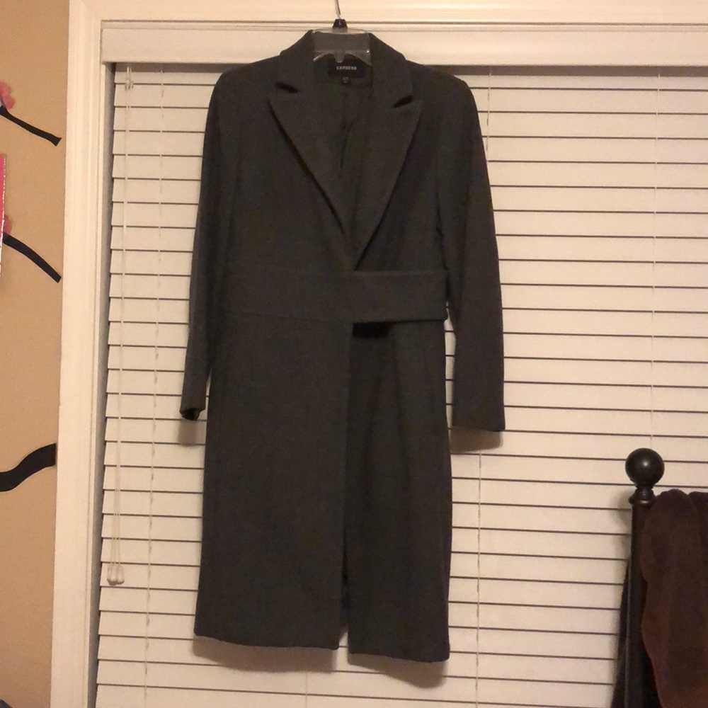 Express long grey wool coat w/velcro strap closure
